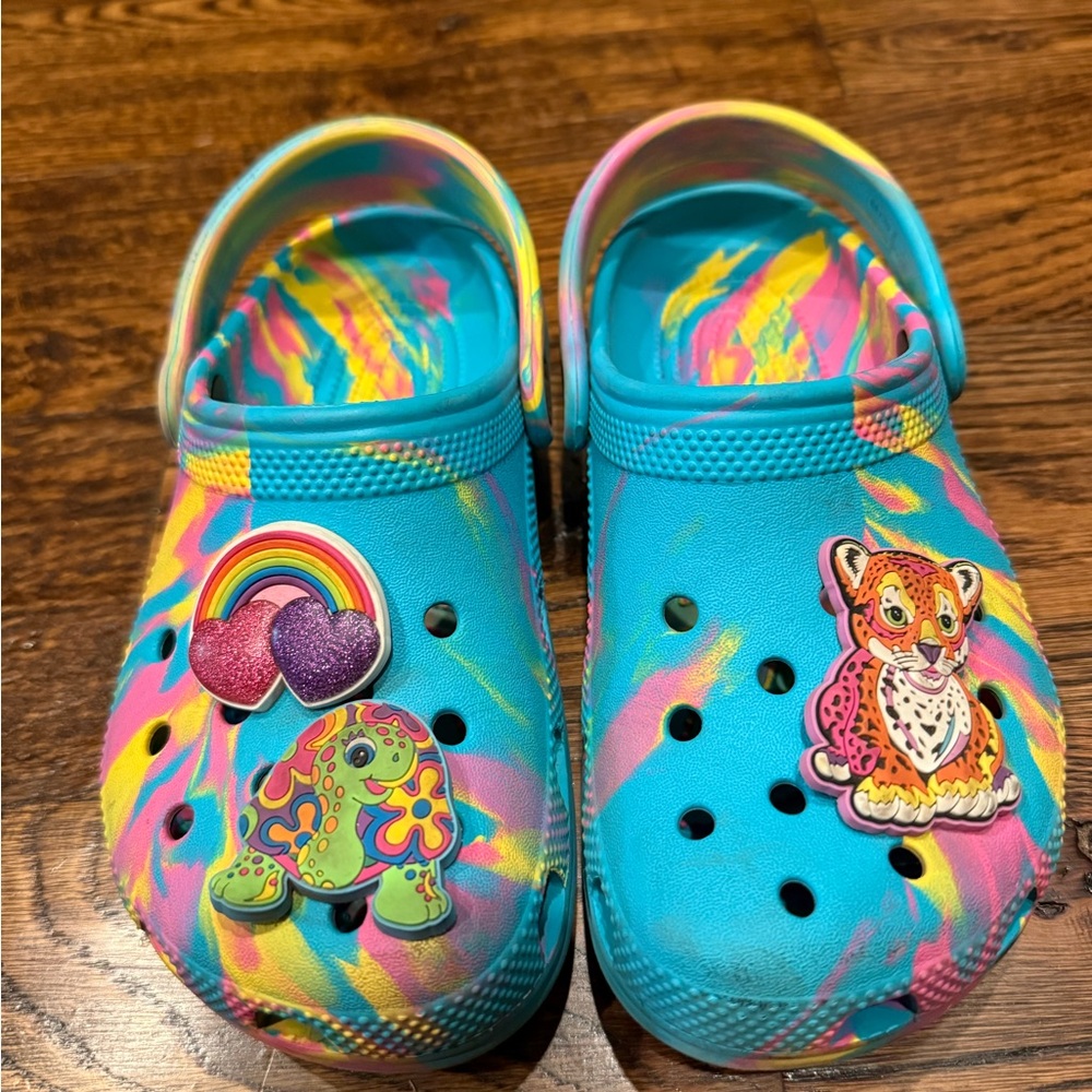 CROCS (Tie Dye) Kids Sandals with Lisa Frank Rainbow and Animal Charms